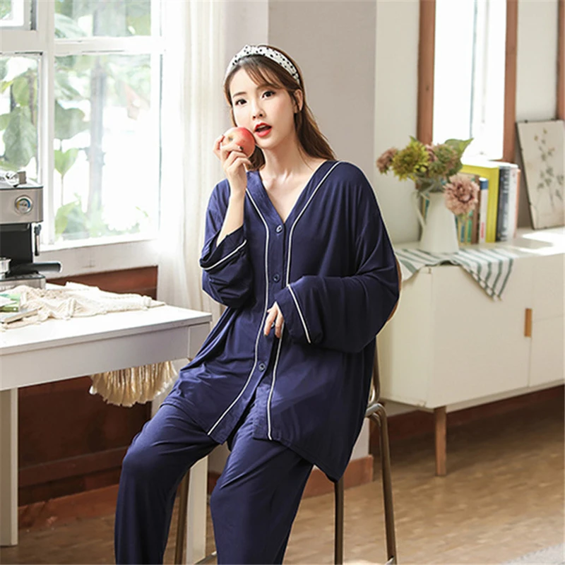 

Luxury Brand Modal Autumn Pajamas Female V-neck Suit Skin-friendly Long-sleeve Casual Fat Mm Home Service High Quality 2022