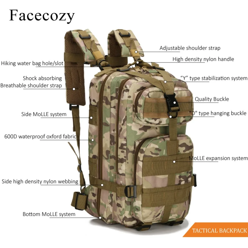 Facecozy Outdoor Hiking Military Tactical Backpack Camouflage 600D Nylon Trekking Travel Kit Bag 25-30L Small Sports Rucksack