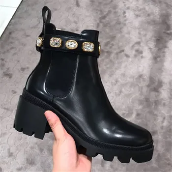 

Luxury Design Crystal Women Ankle Boots Black Genuine Leather Women Chelsea Boots Plaform Wedges Low Heels Women Martin Boots 40