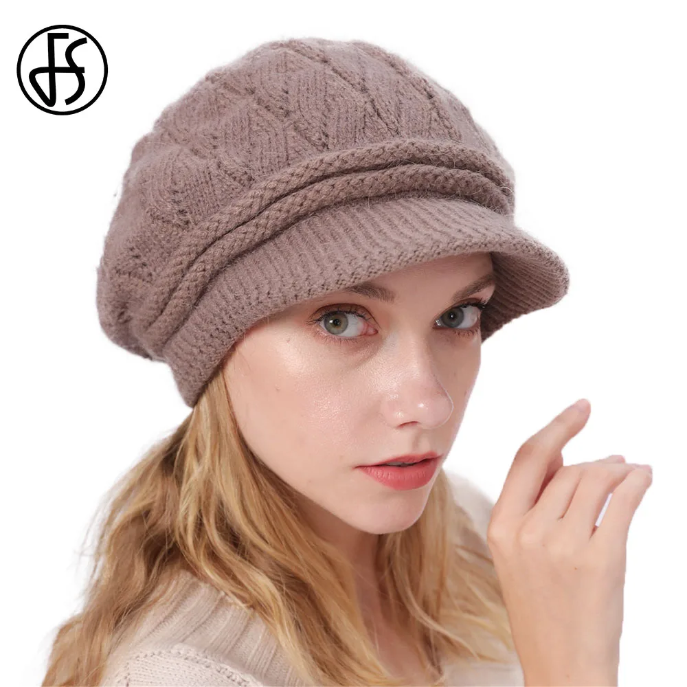

FS Elegant Women Plain Color Plus Velvet Knitted Beret Hat Keep Warm Short Brim Rabbit Acrylic French Artist Beret Hats For Lady