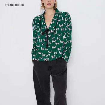 

Ladies Vintage Green Animal Print V-neck Long Sleeve Button Bow Loose Shirt