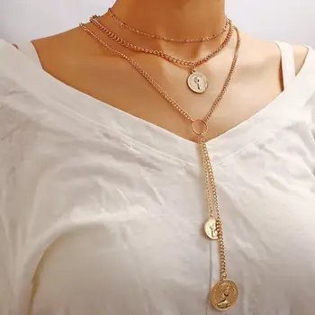 

Women's new alloy metal 3-layer head seal necklace Creative retro simple disc multilayer necklace temperament sweater chain