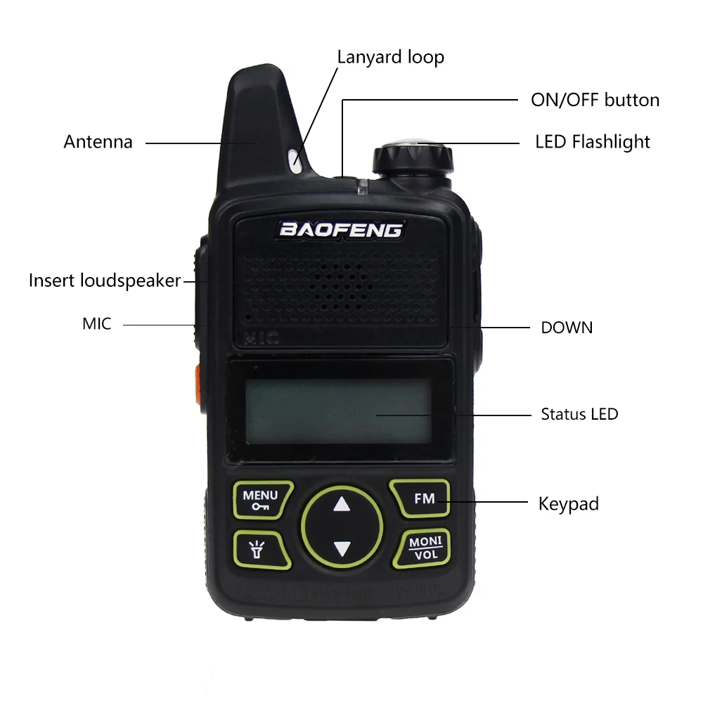 2Pcs Baofeng BF T1Mini Walkie Talkie Ultra Thin CB Two Way Radio UHF 20CH Flashlight Handheld 2