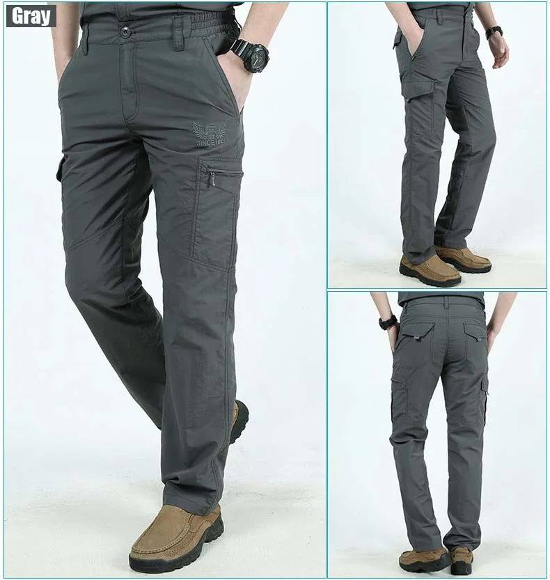 Мужские брюки-карго, повседневные, с несколькими карманами, военные, тактические брюки, мужские быстросохнущие брюки, мужские спортивные штаны, армейские тонкие длинные брюки - Цвет: gray