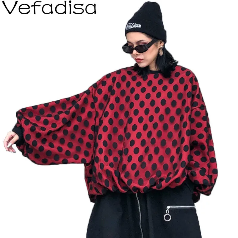 Vefadisa, пуловер в горошек, Женская толстовка, весна, сетчатые Лоскутные Топы, рукав летучая мышь, толстовка, большой размер, красный цвет, QYF1666