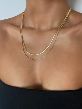 Peri'sBox Trendy Punk Double Snake Bone Necklaces For Women Gold Color Titanium Steel Chain Necklace Summer Street Necklace Gift