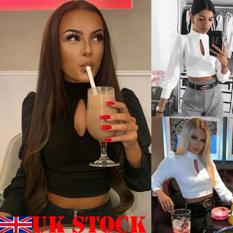 Мода женщин Дамы с длинным рукавом рюшами Bodycon рубашка блузка свободного покроя кроп Топы Великобритания
