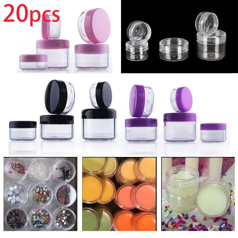 

20pcs x 2g-20 Gram Empty Clear Plastic Sample Container Round Cosmetic Jar Cream Lotion Nail Make Up Powder Pot + 4 mini Spatula