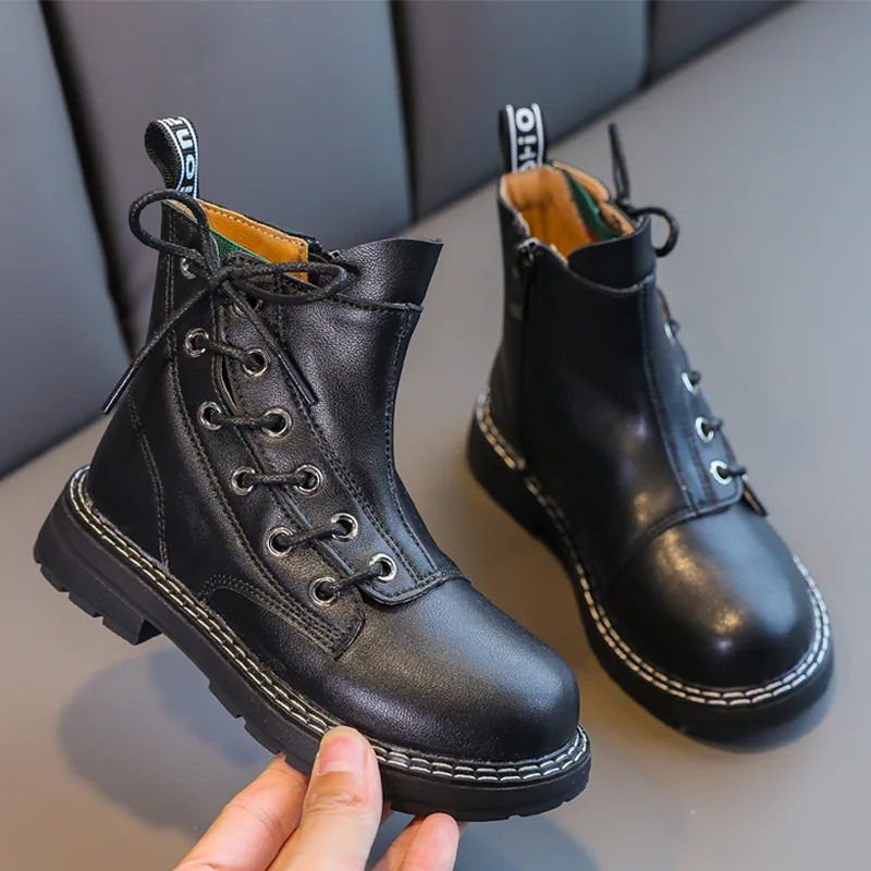 Children shoes Geniune Leather Martin boots girls short boots British style  autumn and winter new waterproof warm boots