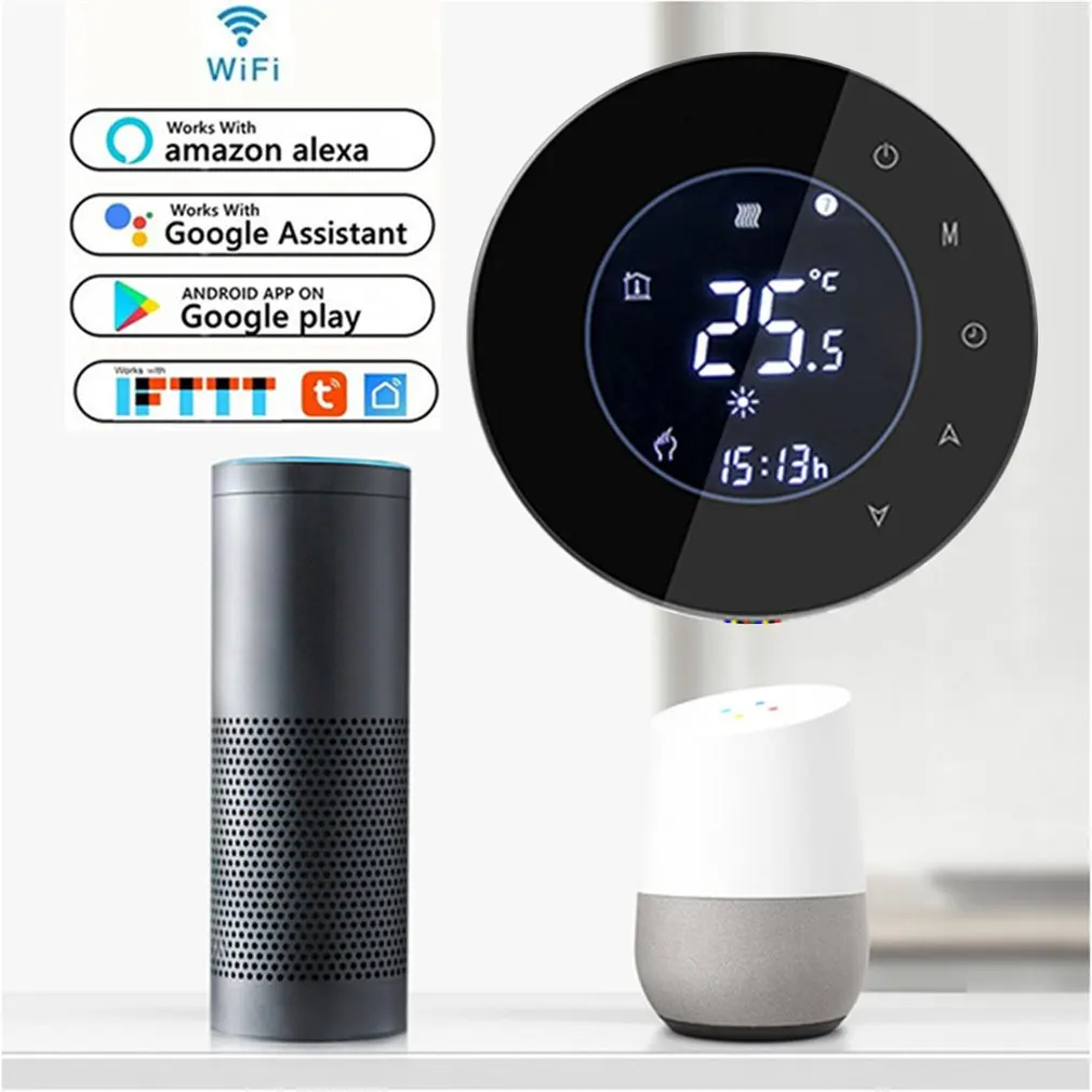 

THP6000GCLW Water/Gas Boiler Thermostat Backlight WIFI 3A Weekly Programmable LCD Touch Screen Works with Alexa Google