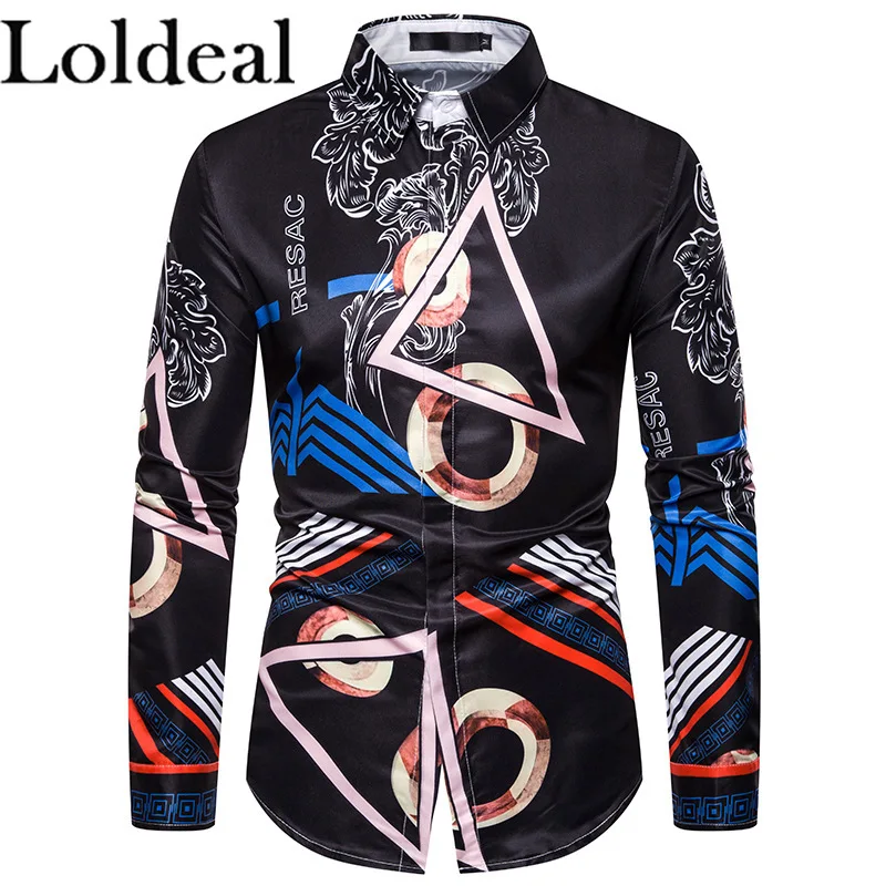 

Loldeal Men Shirts Fashion Blue God Blouse Party Club Hip Hop Tops Geometric Print Casual Long Sleeve Shirt