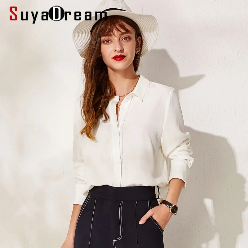 SuyaDream женские блузки из тяжелого шелка 30 мм 100% шелк креп длинный рукав белая