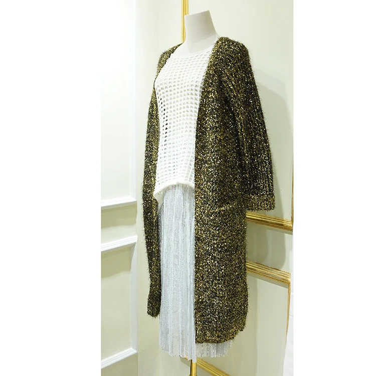 Cakucool женский золотистый люрекс открытый стежок Bling Sequins Midi длинный кардиган свободный корейский свитер Блестящий вязаный пальто Верхняя одежда Femme Plus