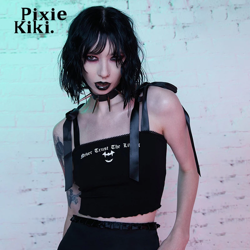 Pixiekiki Graphic Black Tank Top Y2k Grunge Emo Harajuku Backless Bow Lace Up Crop Tops Dark Academia Gothic Clothes P80 10 Tanks Camis Aliexpress
