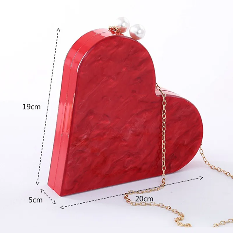 Unique Designer Acrylic Clutch Fashion Cute Red Heart Shape Pearl Chain Party Evening bag Women Shoulder Bags Hot Handbag Purses