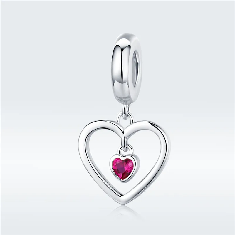 Fit Pandora браслет серебро 925 Красный Циркон Сердце Подвески S925 CZ Романтическая любовь форма бусины для европейских ювелирных изделий