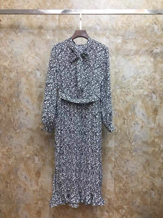 Winter new thin collar of women with print dress hem crimping 1011