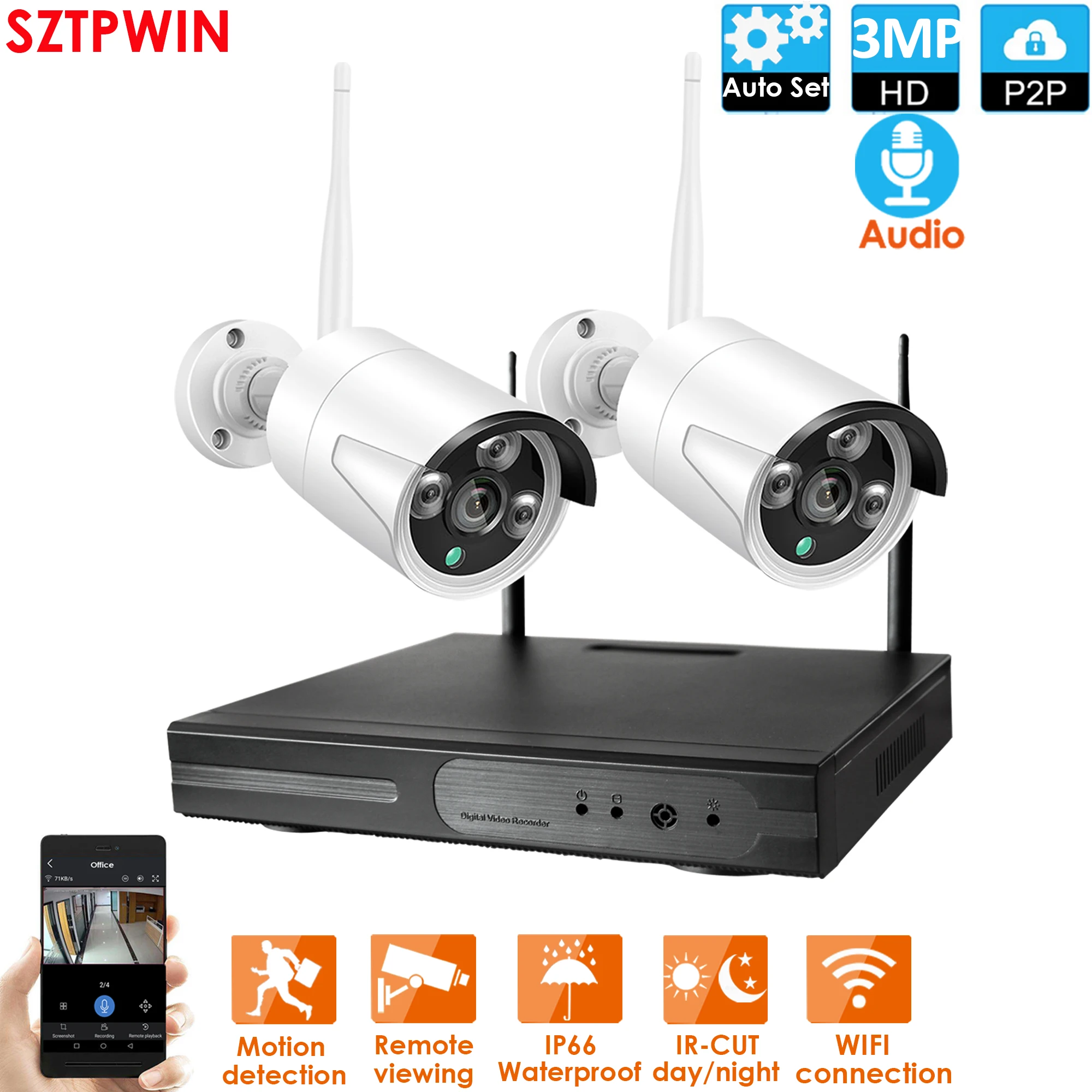 Plug and Play 2CH 3.0MP HD Беспроводной NVR комплект P2P Крытый Открытый ИК Ночное Видение