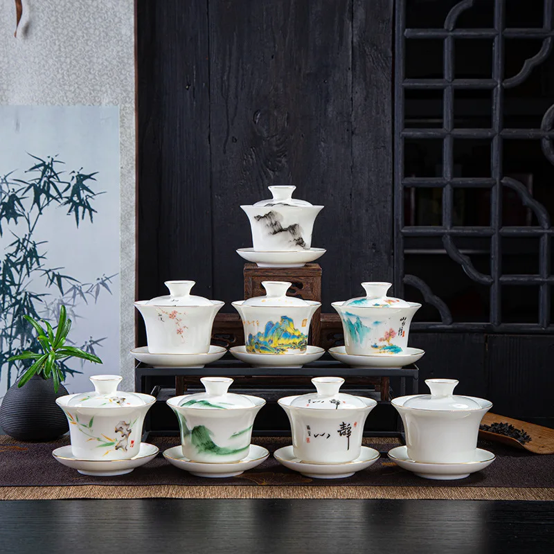 Mutton-fat Jade White Porcelain Sancai Gaiwan Color Enamel Cover Bowl Lid Saucer Handmade Tea Tureen Teaware Sets 160ML HMLOVE