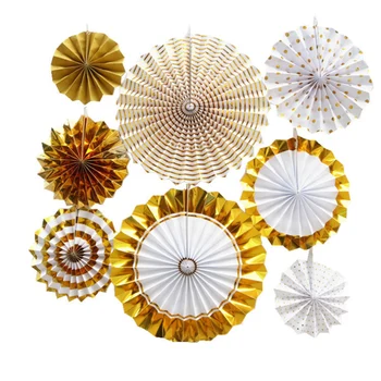 

8pc/Set Diy Hanging Paper Fans Set Rose Gold/ Gold/Silver Round Pattern Paper Garlands for Party Wedding Birthday New Year Favor