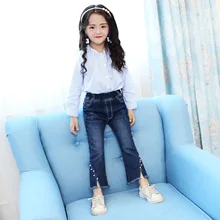 One up Brother/ г. Осенняя детская одежда в Корейском стиле; женские джинсы с бусинами; детские брюки с разрезом;