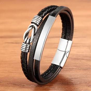 Men Bracelet Genuine Leather Braided Rope Gold Silver Color Trendy Charm Stainless Steel Wholesale Accessories Bangles Jewelry