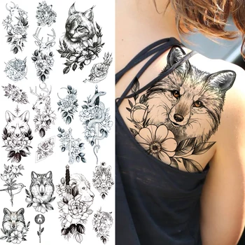 

Large Wolf Flower Temporary Tattoos For Women Adults Reindeer Cat Snake Tattos Lion Sword Fake Tattoo Sticker Realistic