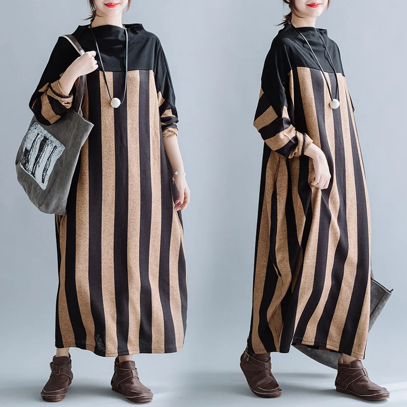 

Autumn And Winter New Style Stripes Joint Half-Turtle-Neck Fat Mm Large Size Robe Dress