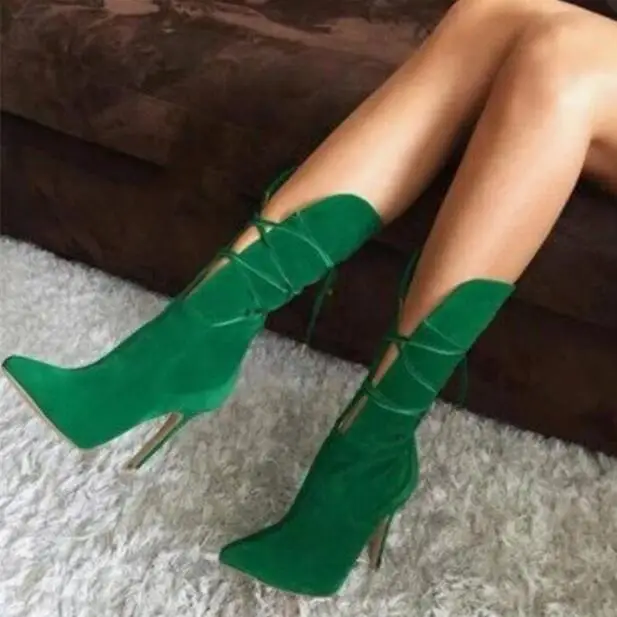 

Solid Green Suede Cross Lace-up Pointed Toe V Open Boots Woman Runway Stiletto Heels Cut-out Mid-calf Dress Boots Heel Shoes