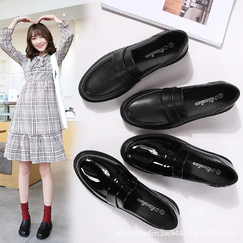 

British Style INS Small Leather Shoes Women's 2019 Spring And Autumn New Style round-Toe Chunky Heel Loafers Versatile Black Wor