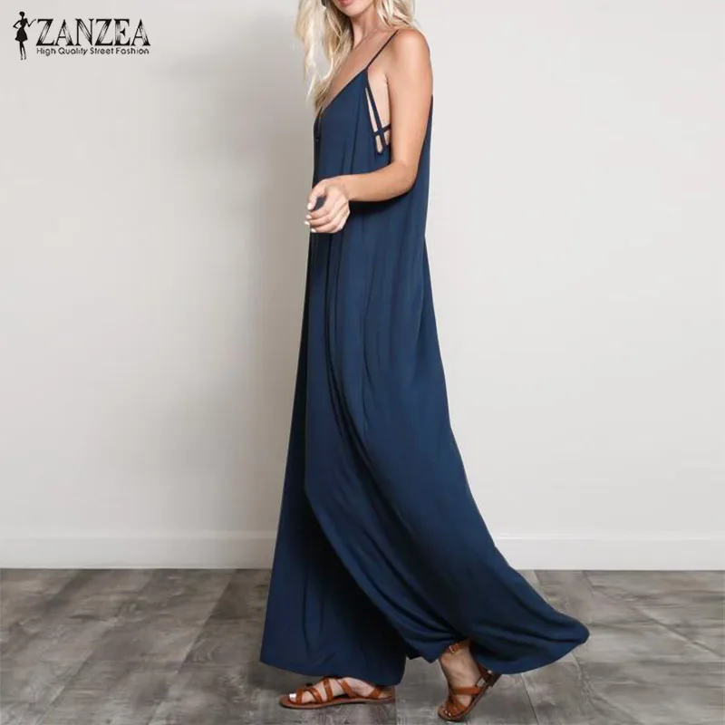ZANZEA 2020 Strap Playsuits Women Casual Plus Size Jumpsuits Rompers Female Solid Wide Leg Trousers Pantalon Lady Combinaison
