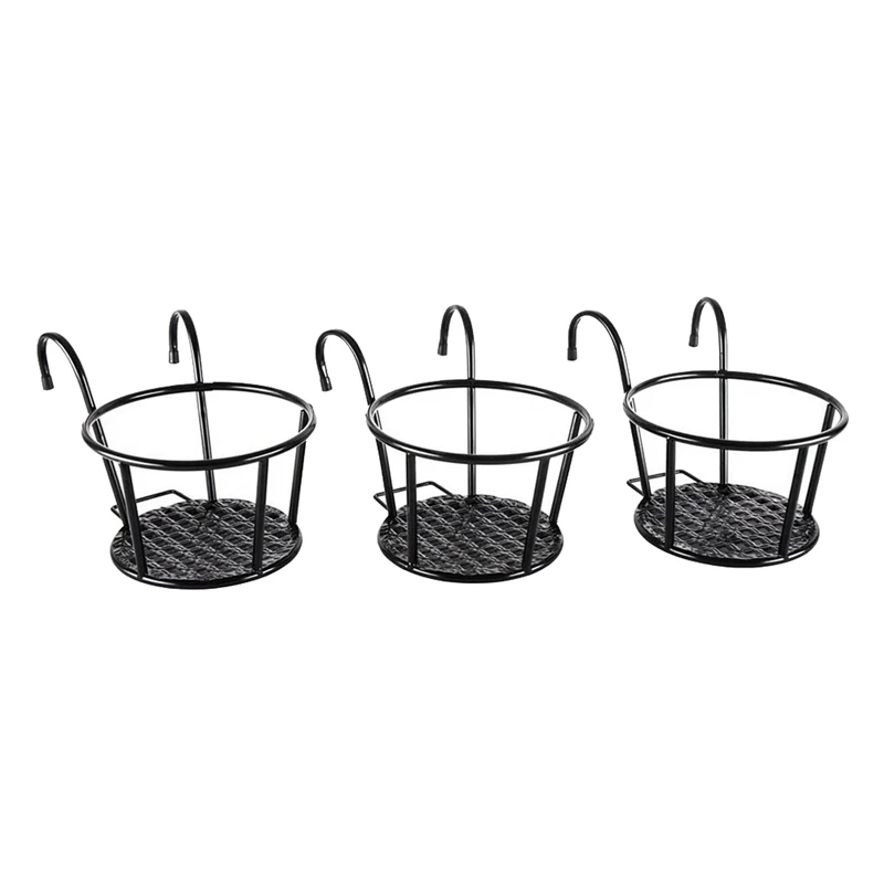 Iron Art Hanging Baskets Flower Pot Holder Over The Rail Metal Fence Planters Assemble Pack of 3 (Black) | - Цена: 