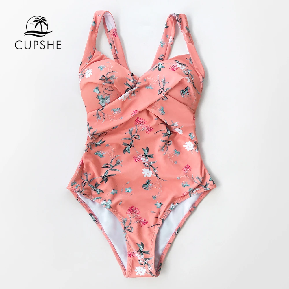 CUPSHE Pink Floral OnePiece Swimsuit Sexy Open Back Knot Padded Women