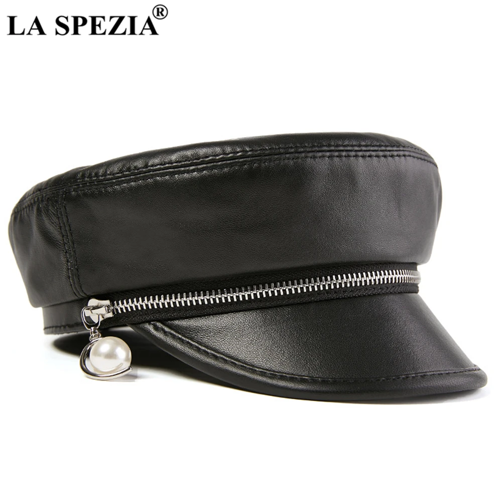 

LA SPEZIA Real Sheepskin Newsboy Cap Women Beret Female Military Hat Vintage Ladies Zipper Decoration Black Winter Baker Boy Hat