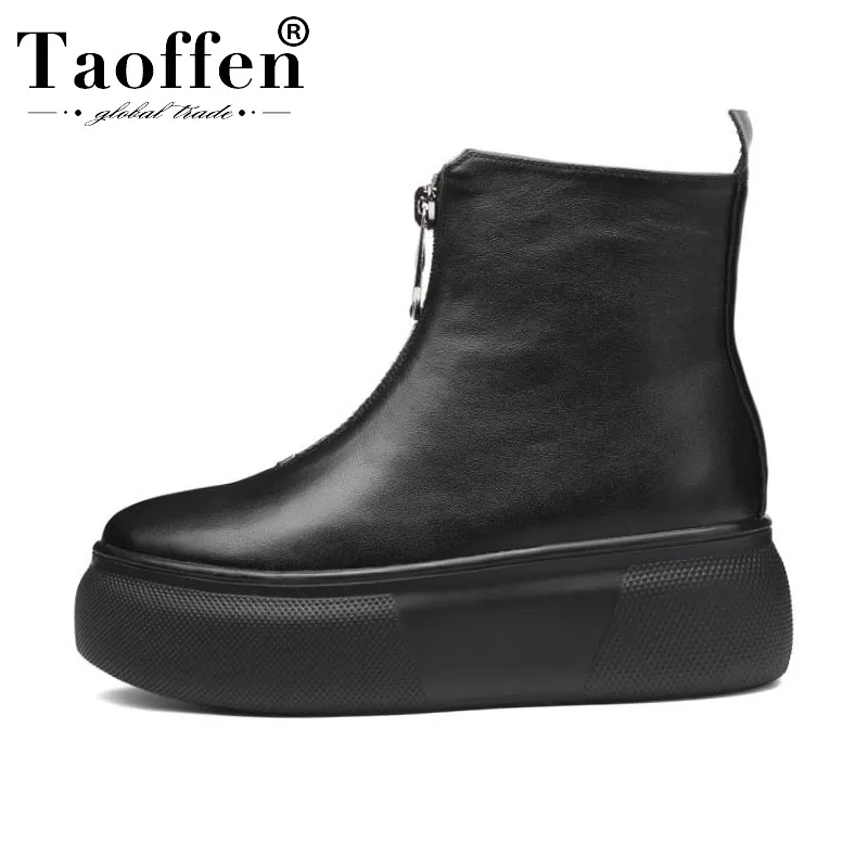 

Taoffen Genuine Leather Women Ankle Boots Winter Zipper Black Whiter Boot Warm Platform Sexy Flat Heel Shoes Footwear Size 34-39