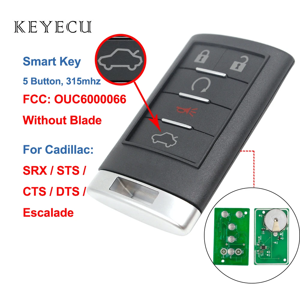 

Keyecu 5 Buttons Smart Remote Car Key Fob 315MHz for Cadillac Escalade CTS STS DTS 2008-2013 OUC6000066 ( Without Key Blade )