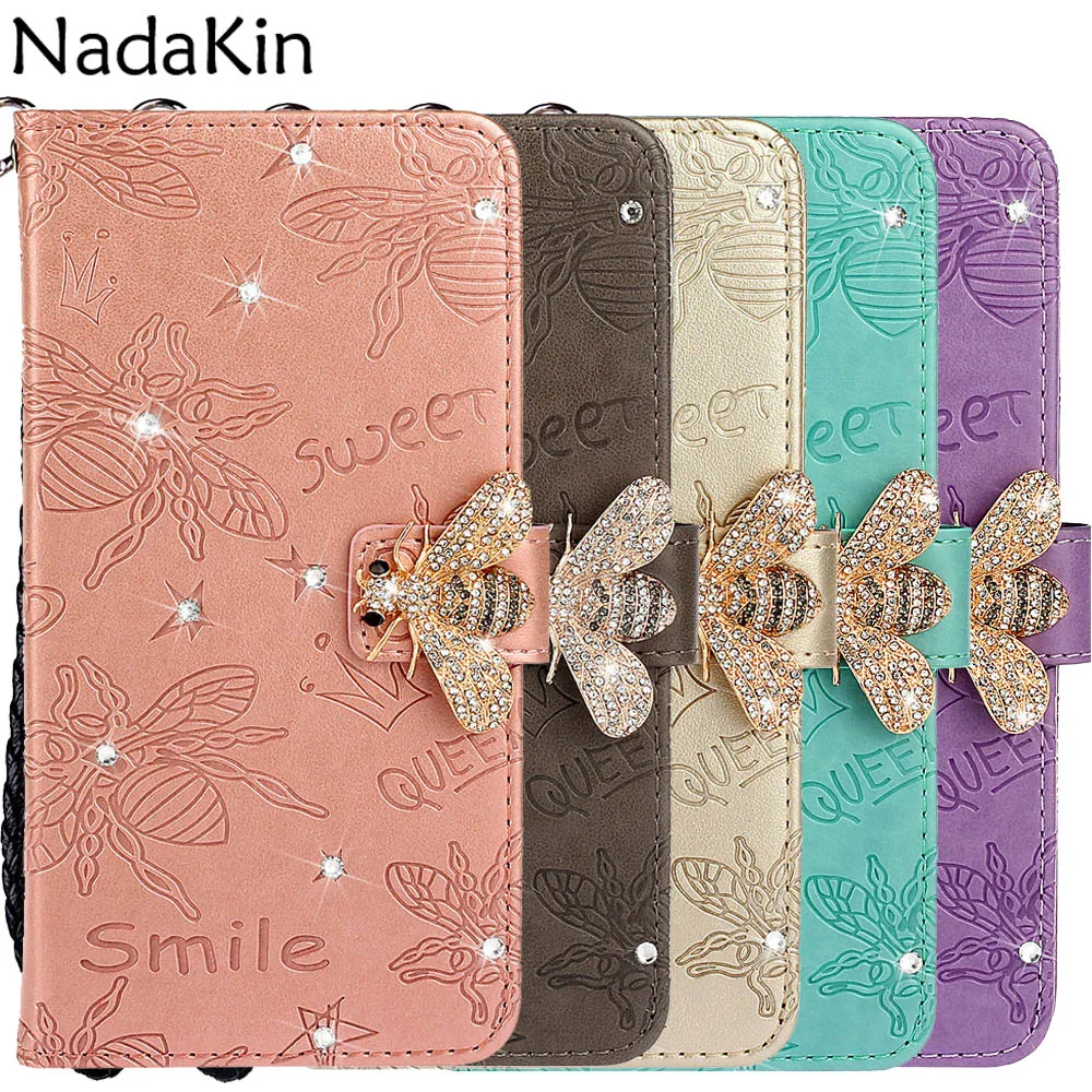 

Bee Rhinestone Diamond Book Case Cover for Xiaomi Redmi 7 7A Note 7 8 Pro Luxury Flip Glitter Shell With Hand Rope