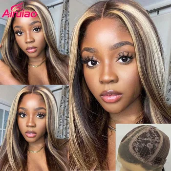 

Ombre Colored Straight Highlight Human Hair Wig Honey Blonde HD Transparent Lace Frontal Wig For Black Women Front Pre Plucked