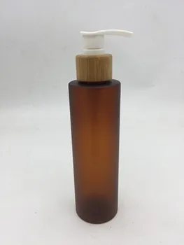 

Cosmetic package 50pcs* 200ml flat top brown matte amber frosted plastic shampoo lotion bottle with bamboo spray cap pump cap