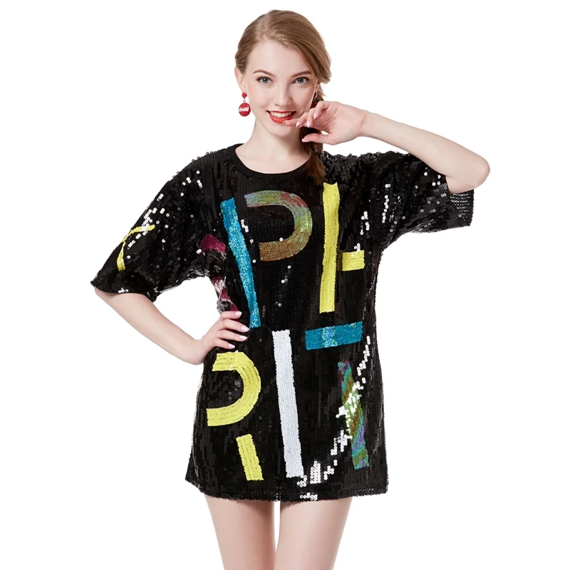 

Women Casual Sequin Logo Print Mini T-shirt Dress Loose Oversized Letter Paisley Short Sleeve Shirt Top Streetwear Dance Cloth