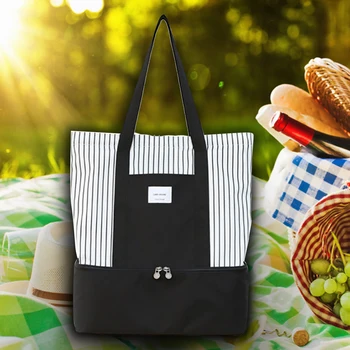 

Striped Thermal Insulated Single Shoulder Picnic Box Lunch Bag Dual Compartment Storage Pouch Handbag Food Portable Cooler Tote