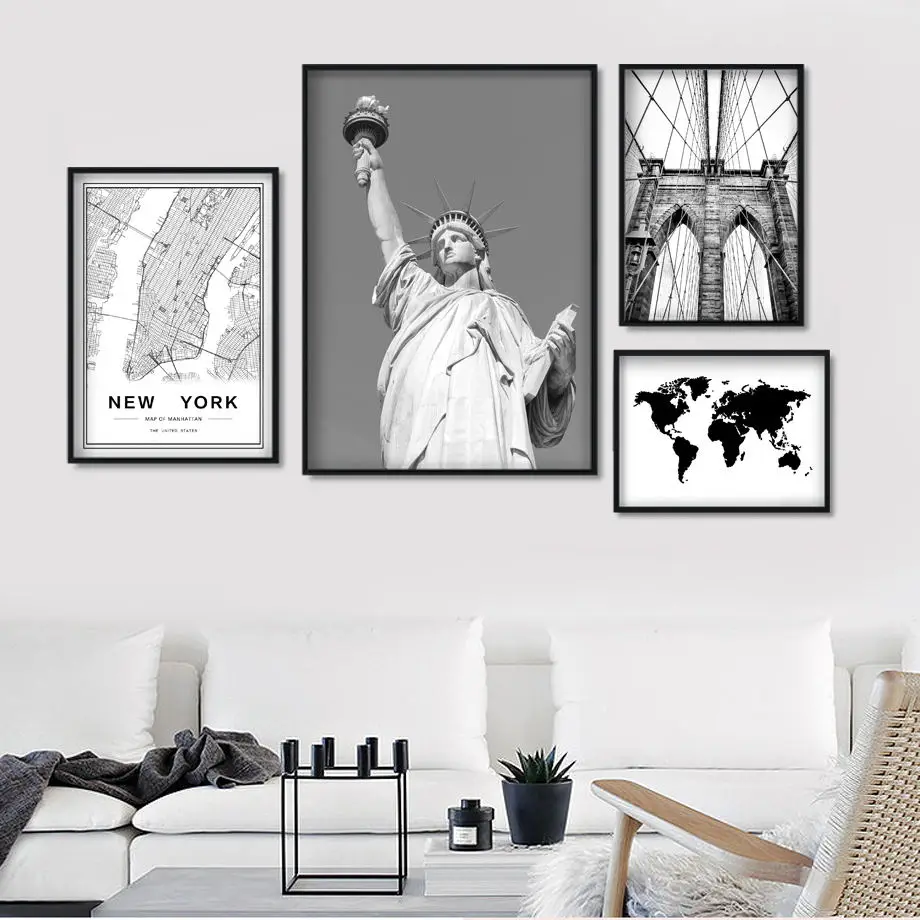 New York Map Brooklyn Bridge Statue Of Liberty Wall Art Canvas Painting Nordic Poster E Stampe Immagini A Parete Per Soggiorno
