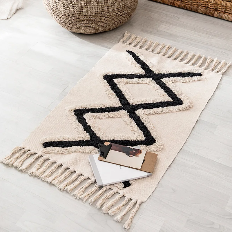 Bohemian Black And White Carpet Cotton Linen Geometric Carpet Nordic