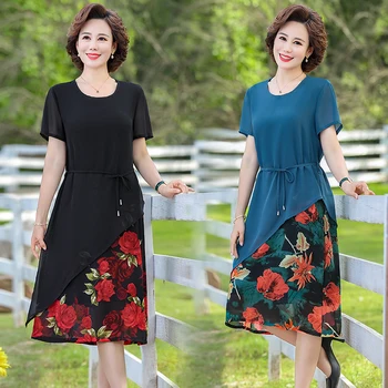 

Fake Two Pieces Chiffon Dress summer 2020 Middle-aged Short-Sleeve Print Dress middle-aged women plus size clothing