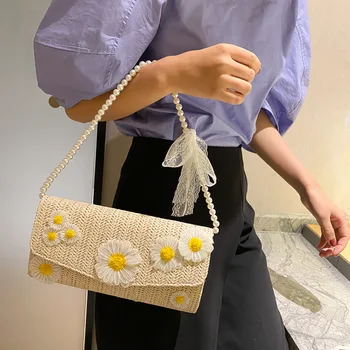 

Summer Beach Straw Bag Ins Chic Underarm Bags for Women 2020 Pearl Woven Rattan Shoulder Bag Ladies Handbag Clutch Bolso Mujer