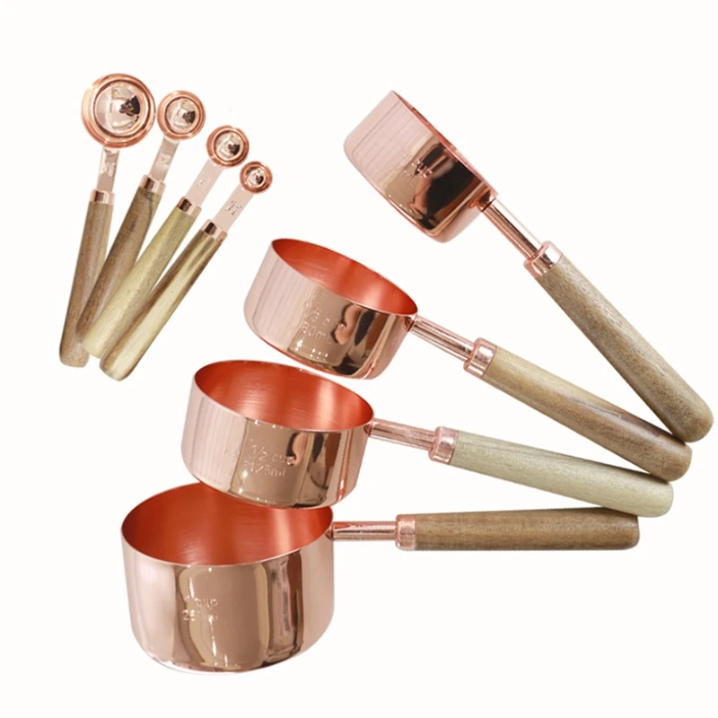 4pcs Measuring Cups Spoons Set Wood Handle Stainless Steel Plated Copper Metal 