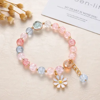2021 New Korean Flowers Daisy Bracelets Bohemain Colorful Crystal Beaded Bracelet Handmade Elastic Rope Women Pulseira Jewelry