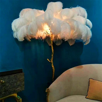 

Nordic Copper Ostrich Feather LED Floor Light Hair LED Floor Lamp Bedroom Living Room Hotel Through Lighting Stand Lamp Fixtures