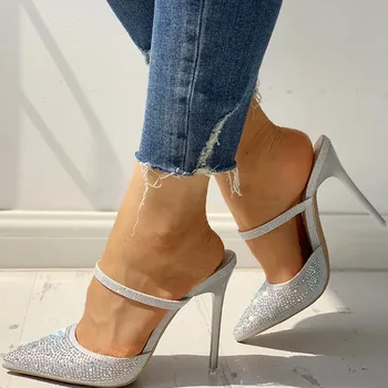 

Pointed Toe Shoes Sliver Diamond Slides Women Mules Summer 2019 Slippers Rhinestone Crystal Red High Heel Sandals