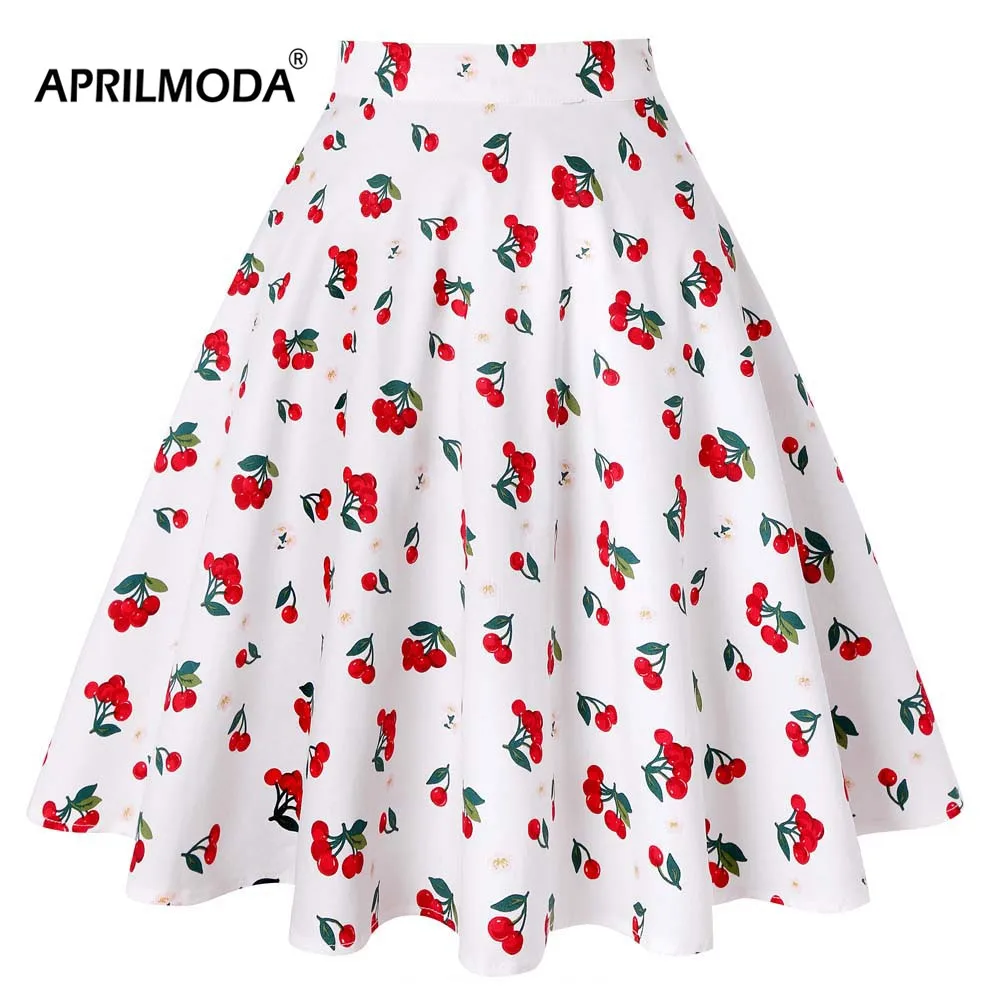 

White Red Cherry Printed Short School Skater Skirt Summer Style Retro Vintage Pinup Big Swing Plus Size 50s 60s Skirts For Party